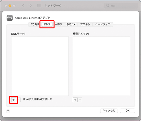 〔DNS〕タブをクリックし、〔＋〕をクリックします。