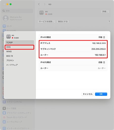 各項目を入力し、〔DNS〕をクリックします。