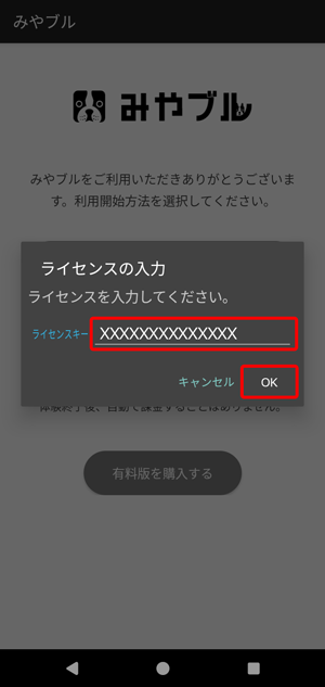 「ライセンスキー（シリアル番号）」を入力し、〔OK〕をタップします。