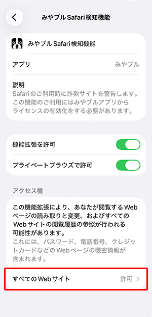 〔すべてのWebサイト〕の表示が〔許可〕になっていることを確認します。