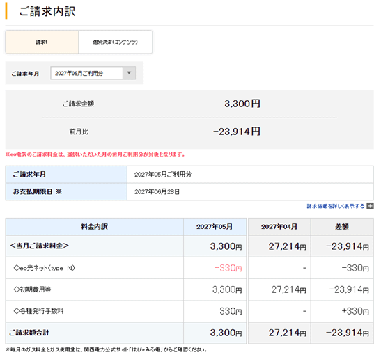過去の内訳を確認したい場合は、〔ご請求年月〕から、ご覧になりたいご利用月を選択してください。
